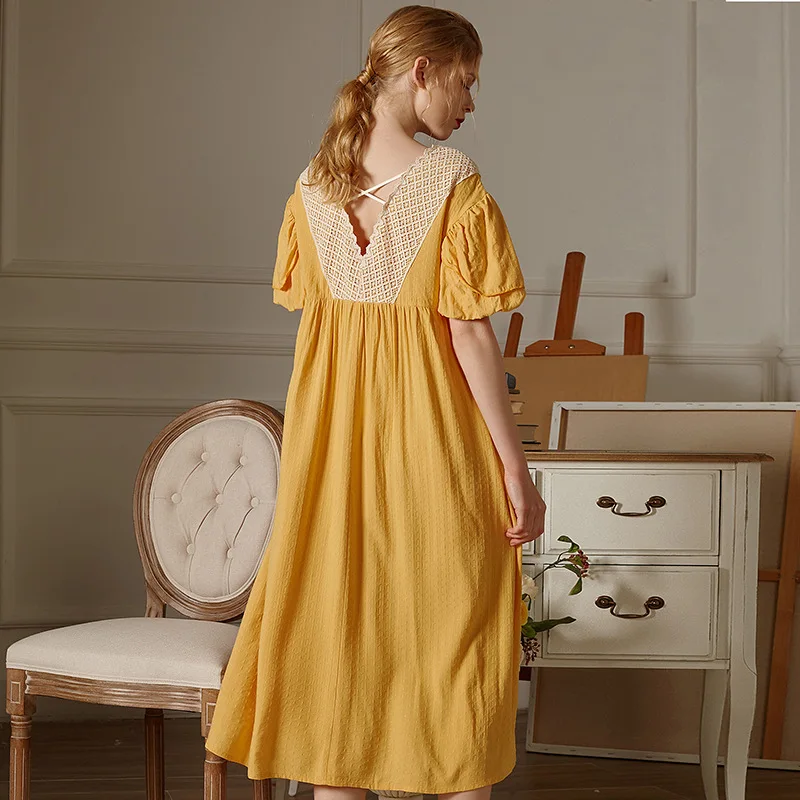 2022 Summer V-neck Pullover Retro Classical Beauty Back Ginger Puff Sleeve Nightdress Long Skirt Home Clothes Can Be Worn Outsid