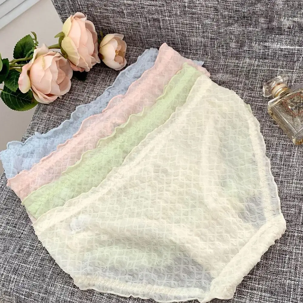 

Women Sexy Transparent Elastic Solid Color Ruffle Bow Panties Sweet Style Cotton Crotch Briefs Breathable Comfortable Underwear