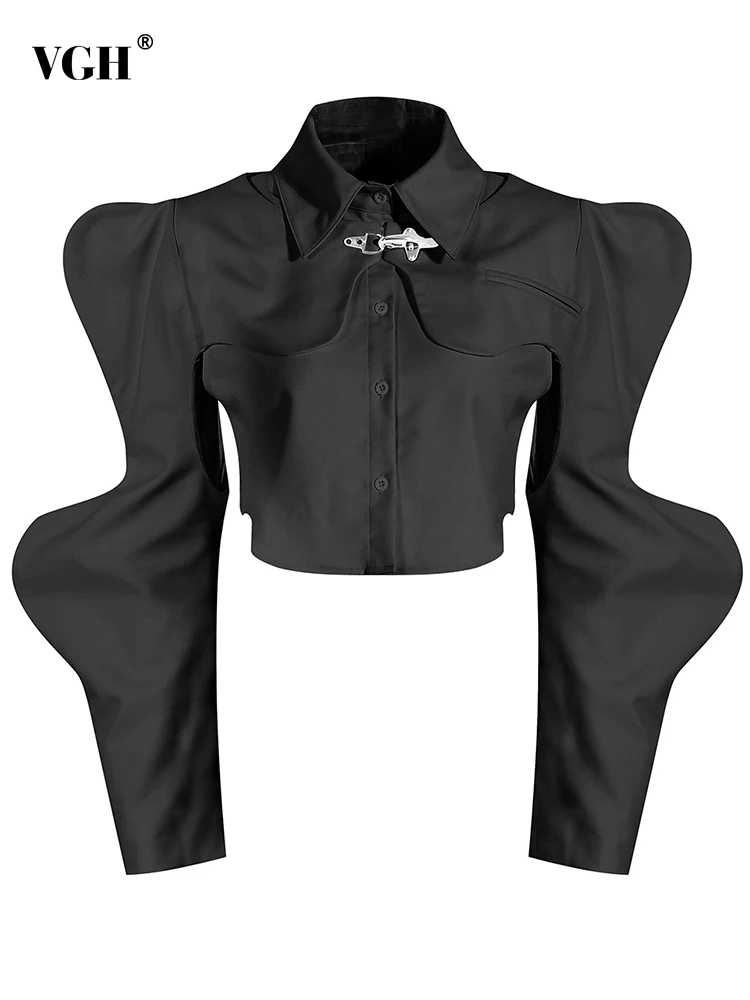 

VGH Slim Two Piece Set Womens Round Neck Puff Sleeve Shawl Lapel Sleeveless Solid Vests Solid Sets Female Fashion Clothing 2022
