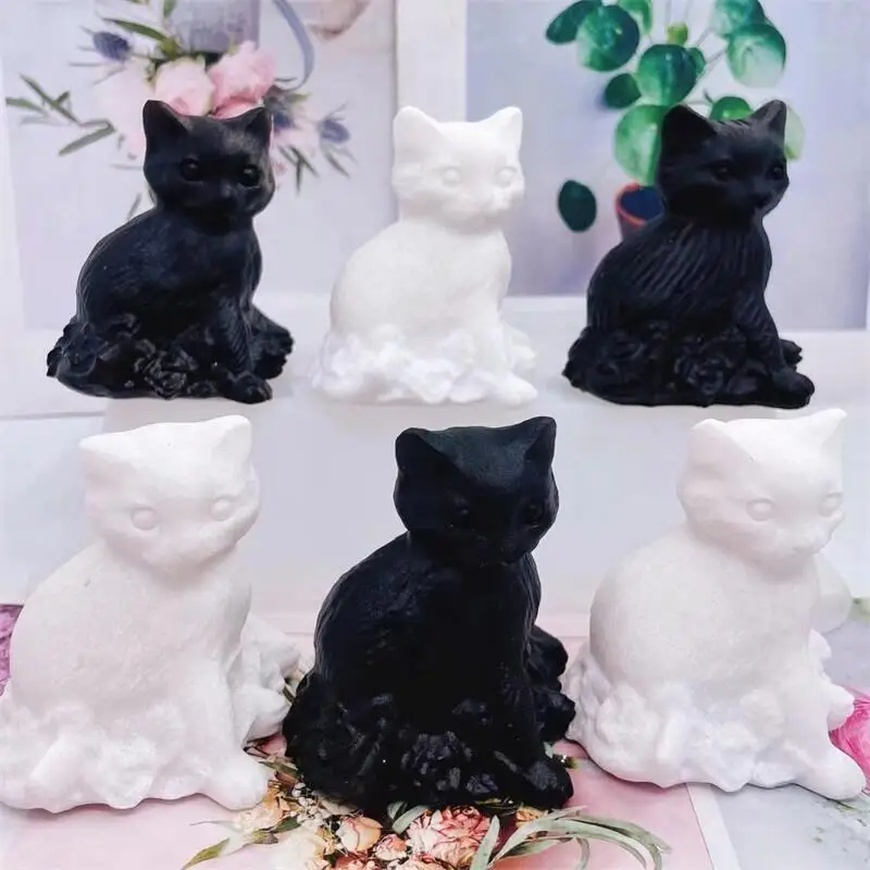 

7CM Natural Black Obsidian And Whie Marble Jade Cat Carving Cute Animal Healthy Children Toy Decoration Gift 1pcs
