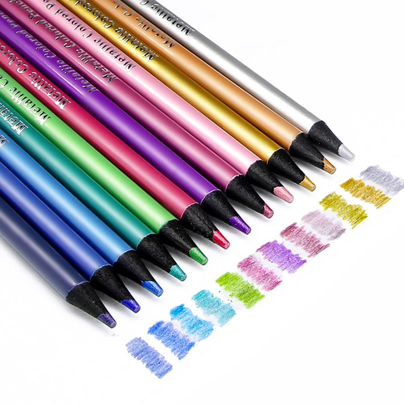 

12 Color Metallic Colored Pencils Drawing Sketching Set Coloring Colour Pencils Profession Art Supplies For Artist 17.5cm Hot