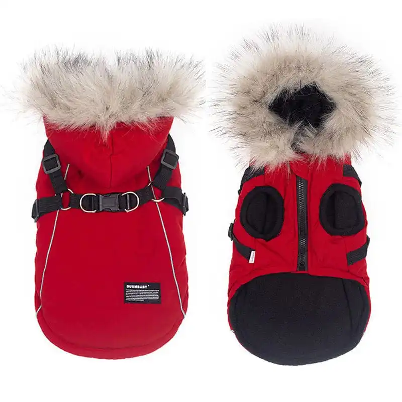 

Dog Jacket with Harness Waterproof Windproof Coats Clothes Pet Soft Vest Dog Luxury Fur Collar Coat For Small Dog Pet Clothes