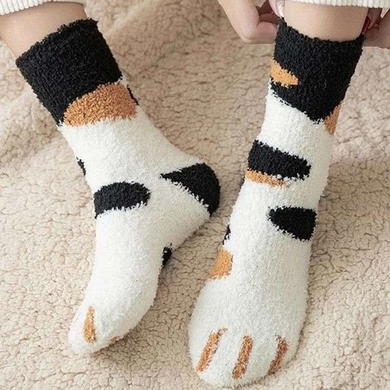 

Kawaii Cartoon White Socks for Women Cute Dog Cat Paw Pattern Female Fleece Warm Funny Animal Dot Socks Home Floor Sleeping