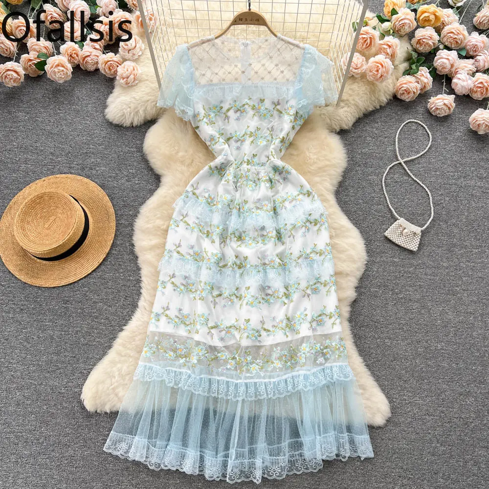 

Женское длинное платье с вышивкой Ofallsis, облегающее французское платье с кружевной вышивкой, лето 2023