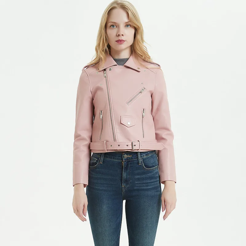 Spring Autumn Motorcycle Jacket Women Solid Color Slim Zipper Button Short Jacket Women Long Sleeve Turn-down Collar PU Jacket