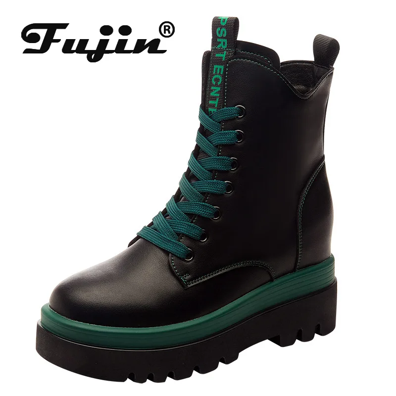 

Fujin 8cm New Brithish Style Genuine Leather Platform Wedge Summer Autumn Mid Calf Snow Boots Hidden Heel Women ZIP Comfy Shoes