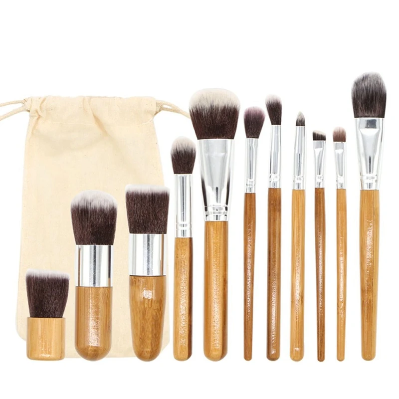 

11 Sticks Of Bamboo Handle Makeup Brush Foundation Eye Shadow Makeup Brush Portable Professional Brush Set