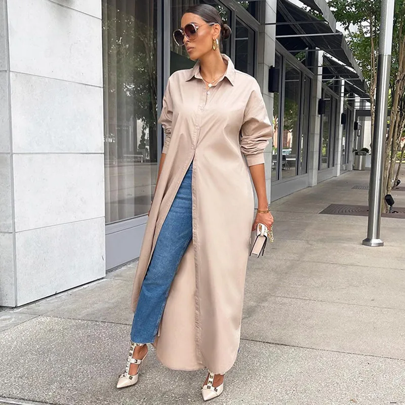 

OLOMM Vintage Shirt Dress 2022 Summer Lapel Long Sleeve Party Sundress Women Casual Streetwear Button Solid Long Maxi Vestidos