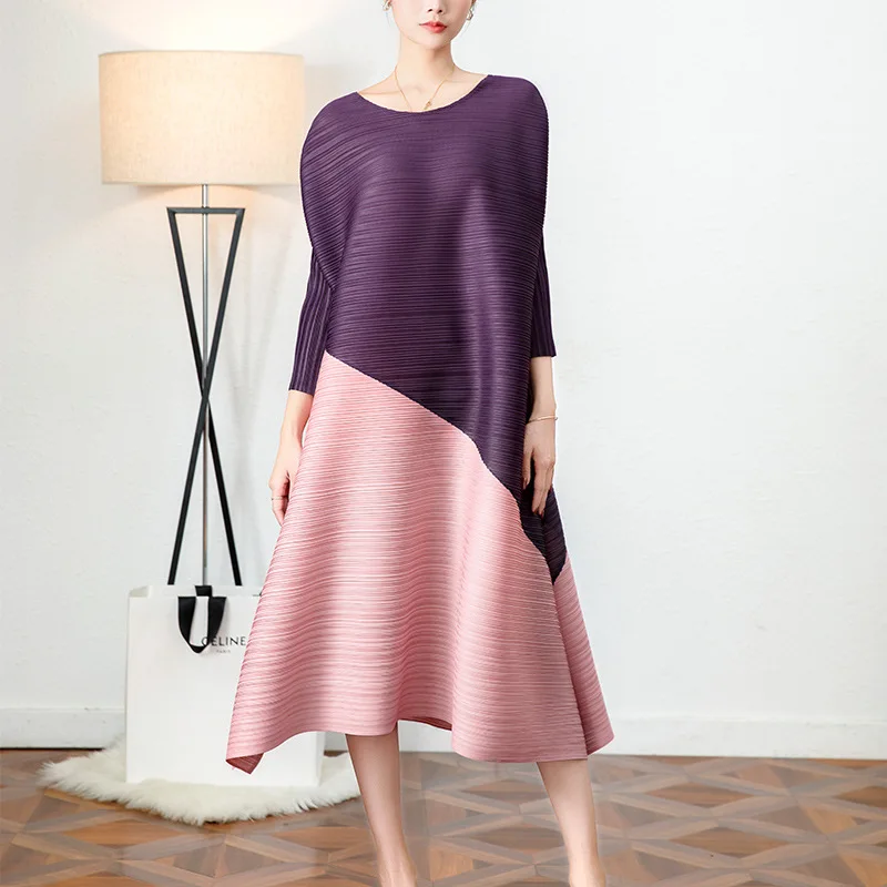 

pleated spring new loose and thin large swing skirt temperament high-end mid-length stitching contrast color dress women