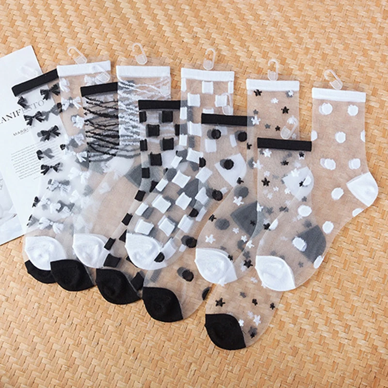 

Women Korean Harajuku Casual Black White Foot Sports High Long Socks Summer Thin Dot Transparent Mesh Floor Short Ankle Socks