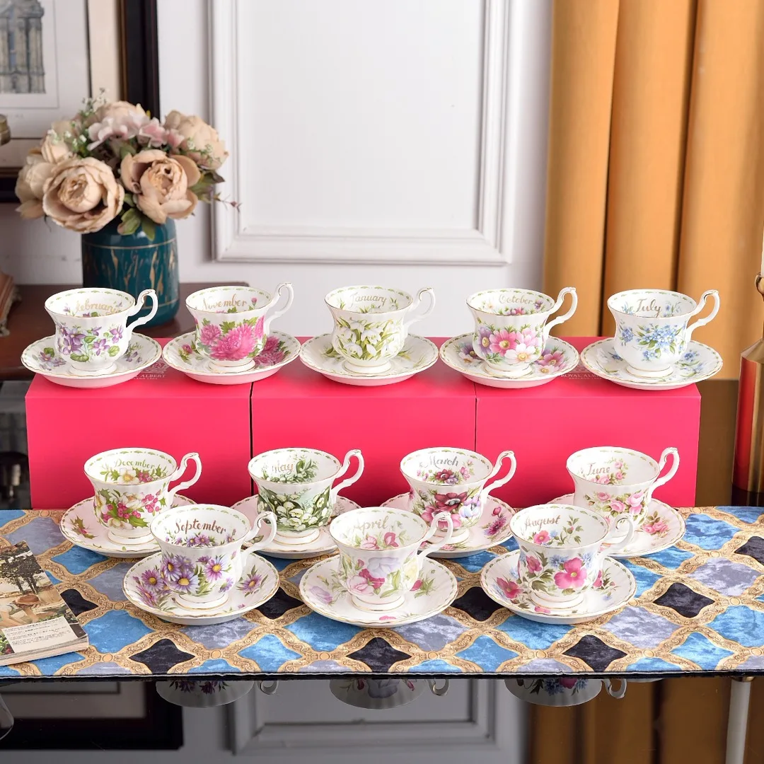 Фото Набор чашек Royal Bone China с цветочным принтом, цветочный сервиз, кофейная чашка, блюдце, подарочная коробка для дома, роскошь №1