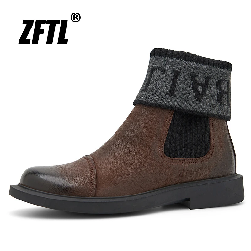 

ZFTL Men's Chelsea Boots Man Ankle Slip on Boots Genuine Leather Brown Martins Boots British Style High quality brand boots 2022
