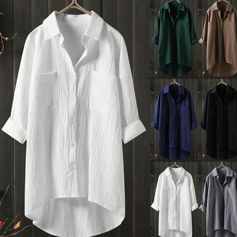 

Autumn Solid Color Women's Elegant Blouses Lapel Long Sleeve Button Tunic Shirt Femme Vintage Pocket Work OL Tops FemaleClothing