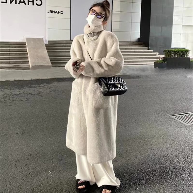 Fur Coats Women's Faux Mink Fur Cardigan Jackets Fashion White Female Loose Long Sleeve 113cm Fur Plush Winter Warm Coat