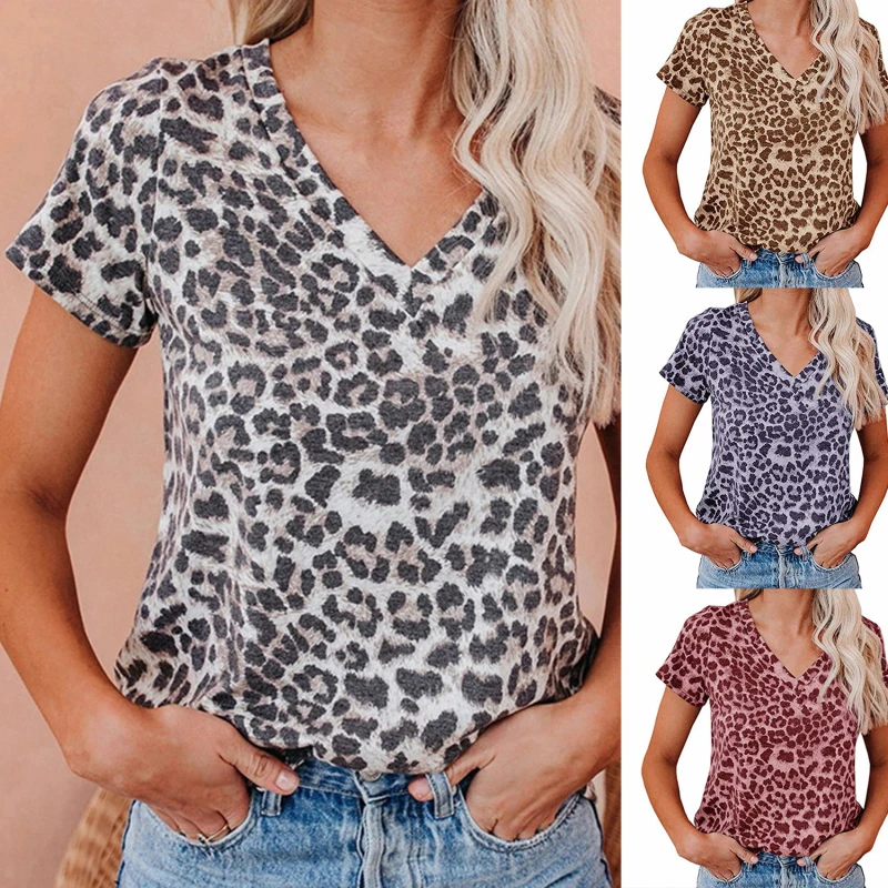 

2022 Summer New Short-sleeved Leopard Printed V-neck T-shirt Casual Top Women t-shirt femme camisetas de mujer