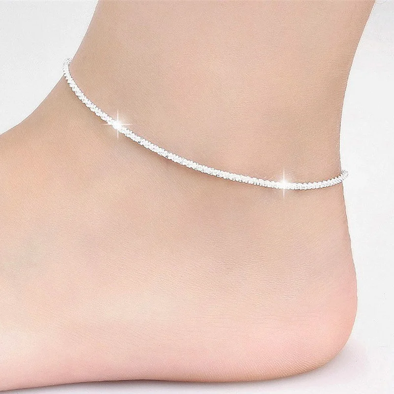 

Thin Stamped Silver Plated Shiny Chains Anklet For Women Girls Friend Foot Jewelry Leg Bracelet Barefoot Tobillera De Prata