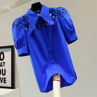 hollow out solid color puff sleeve shirt 2022 summer loose straight casual short sleeved shirts for women blue blouses top femme