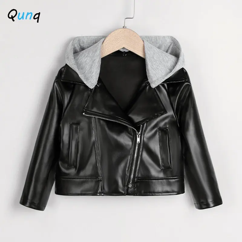 

Qunq Autumn/Winter New Boys Hooded Splice Long Sleeve Ins Thick Fashion Zipper Leather Jacket Casual Kids Clouthes Age 3T-8T