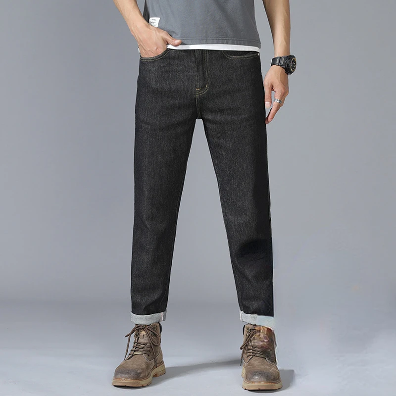 

Мужские джинсы без выцветания, тонкие облегающие Стрейчевые прямые брюки, Молодежные универсальные модные повседневные брюки, лето 2022