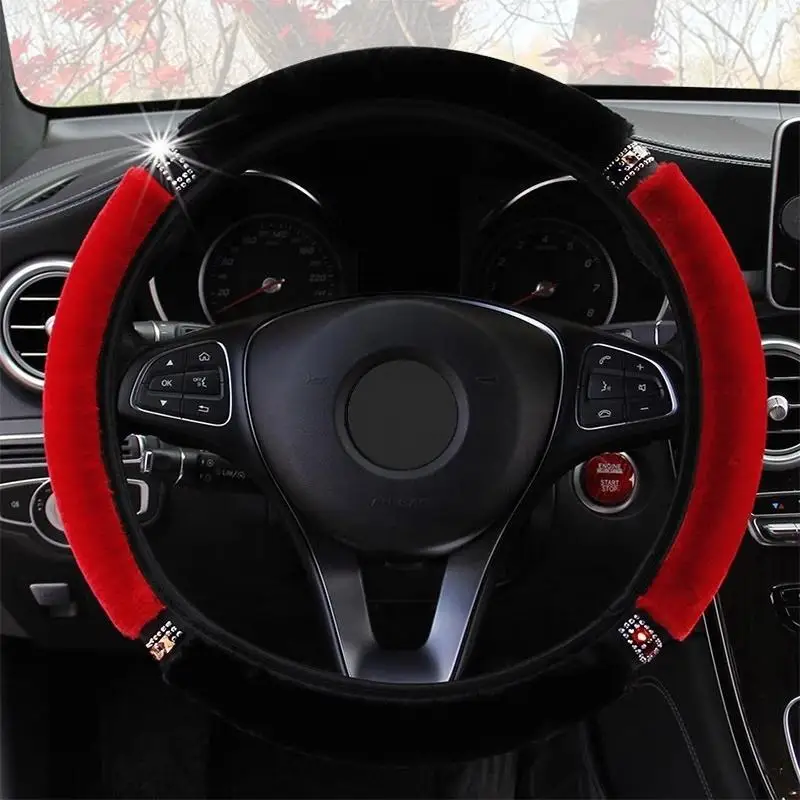 

Four Seasons Universal Car Steering Wheel Cover 37-38cm Leather Embroidered Color Diamond-Studded Elastic Steering Wheel Cover