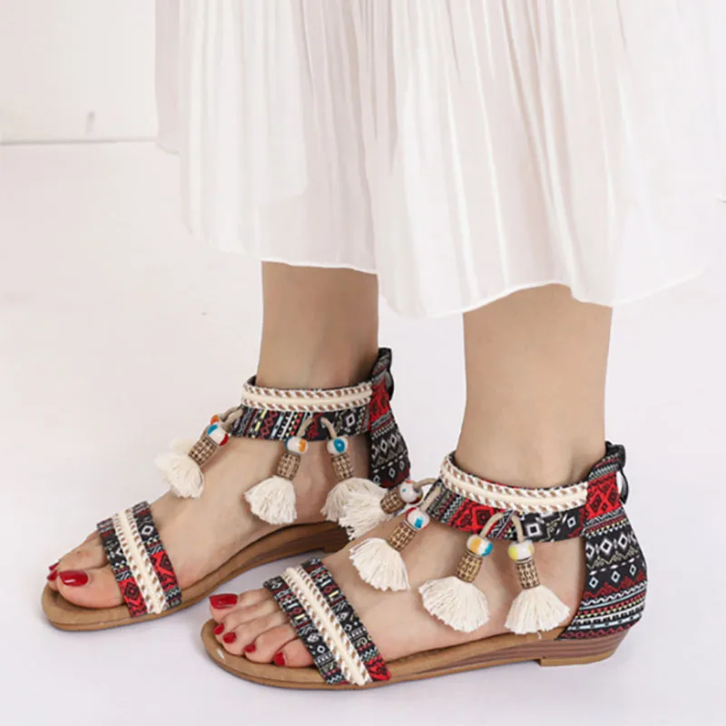 

Flat Sandals Woman Beach Non-slip Rubber Sole Soft zipper fringe contrast color Bohemia Female Sliders Retro Summer Slides Shoes