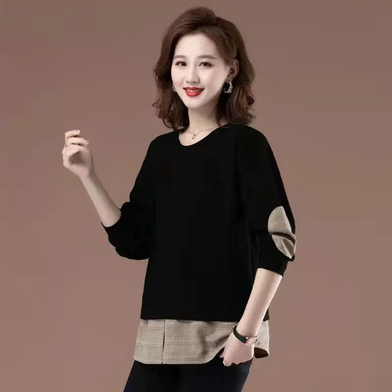 

2023 New Solid Spring and Autumn Women'S Long Sleeve T-Shirt Knitted Tee Tops Middle-Aged Mother Bottom Shirt Pullover T816