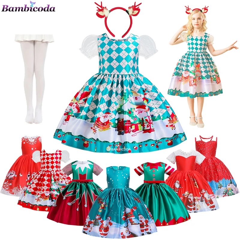 

2023 Christmas Girls Dresses Deer Santa Claus Fashion Kids Clothes Hot Selling New Year Party Costume 4-10 Years Children Dress
