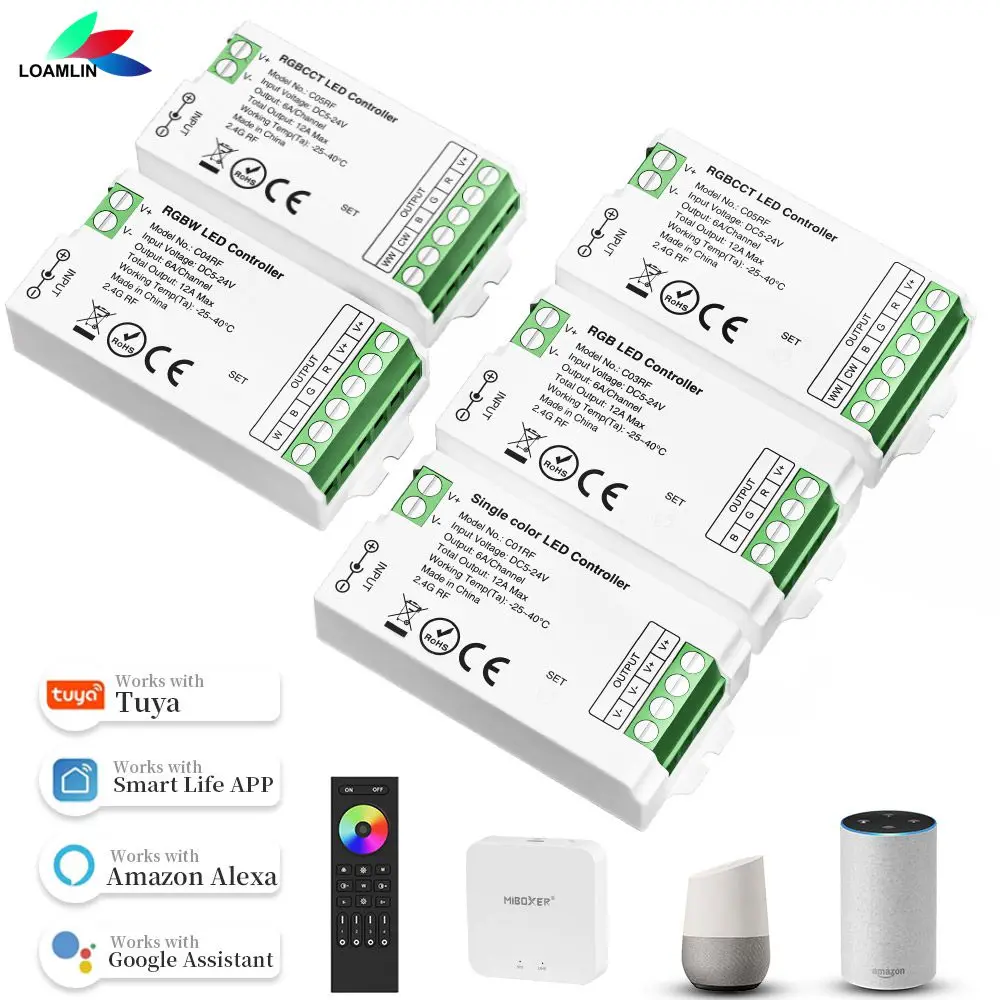

Tuya RGB/RGBW SPI LED Controller 2.4G RF Remote Alexa Google Plus Voice Control for WS2811 WS2812B SK6812 RGBW LED Light DC5-24V