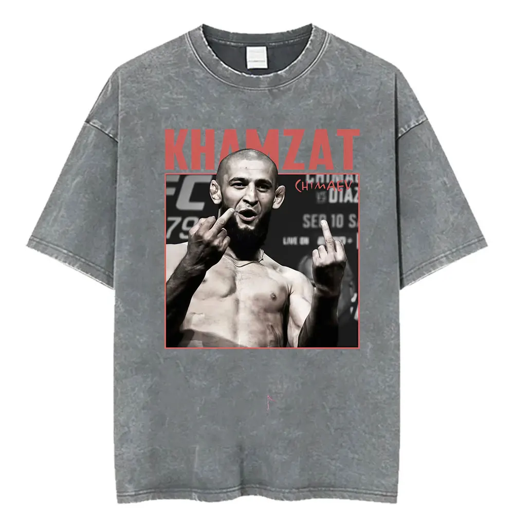 Фото Футболки с графическим принтом Khamzat Chimaev Violence Aesthetic для мужчин и женщин, винтажная футболка в стиле Харадзюку с эффектом потертости, повседневная хлопковая футболка оверсайз №2