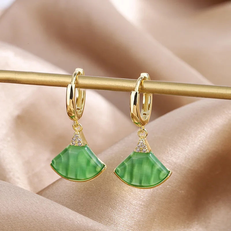 

Jewelkis Vintage Ethnic Folding Fan Shape Box Hoop Earrings Green Cubic Zircon Stone Elegant Dangle Earring Piercing Jewelry