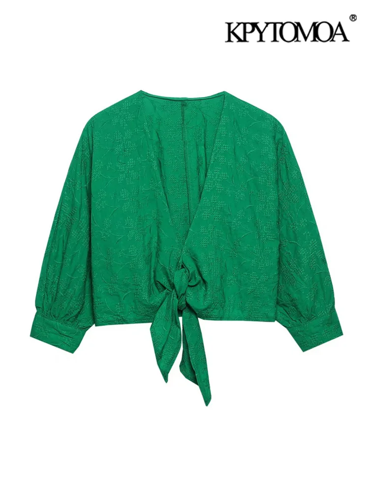 

KPYTOMOA Women Fashion With Tied Bow Embroidery Loose Crop Blouses Vintage V Neck Short Sleeve Female Shirts Blusas Chic Tops