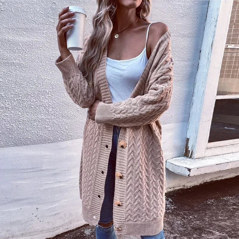 

YEMOGGY Female Sweater Cardigans Fall Winter V-neck Single Breasted Twist Knit Long Cardigan Casual Loose Cardigan Sweater Women