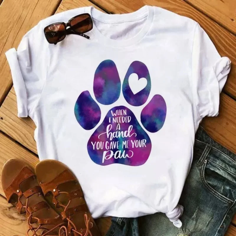 

Spring Summer Women's New Dog Paw Print Printed White T Shirt Short Sleeve Top Fashion Casual Girl T-shirts Aesthetic Clothes