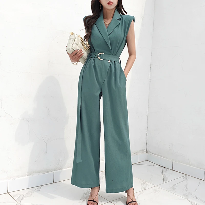 

Casual Green Jumpsuits For Women Summer Overalls Vintage Suit Collar Sleeveless Lace Up Rompers Playsuits OL One-Piece Outfits