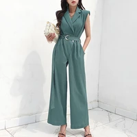 casual green jumpsuits for women summer overalls vintage suit collar sleeveless lace up rompers playsuits ol one piece outfits