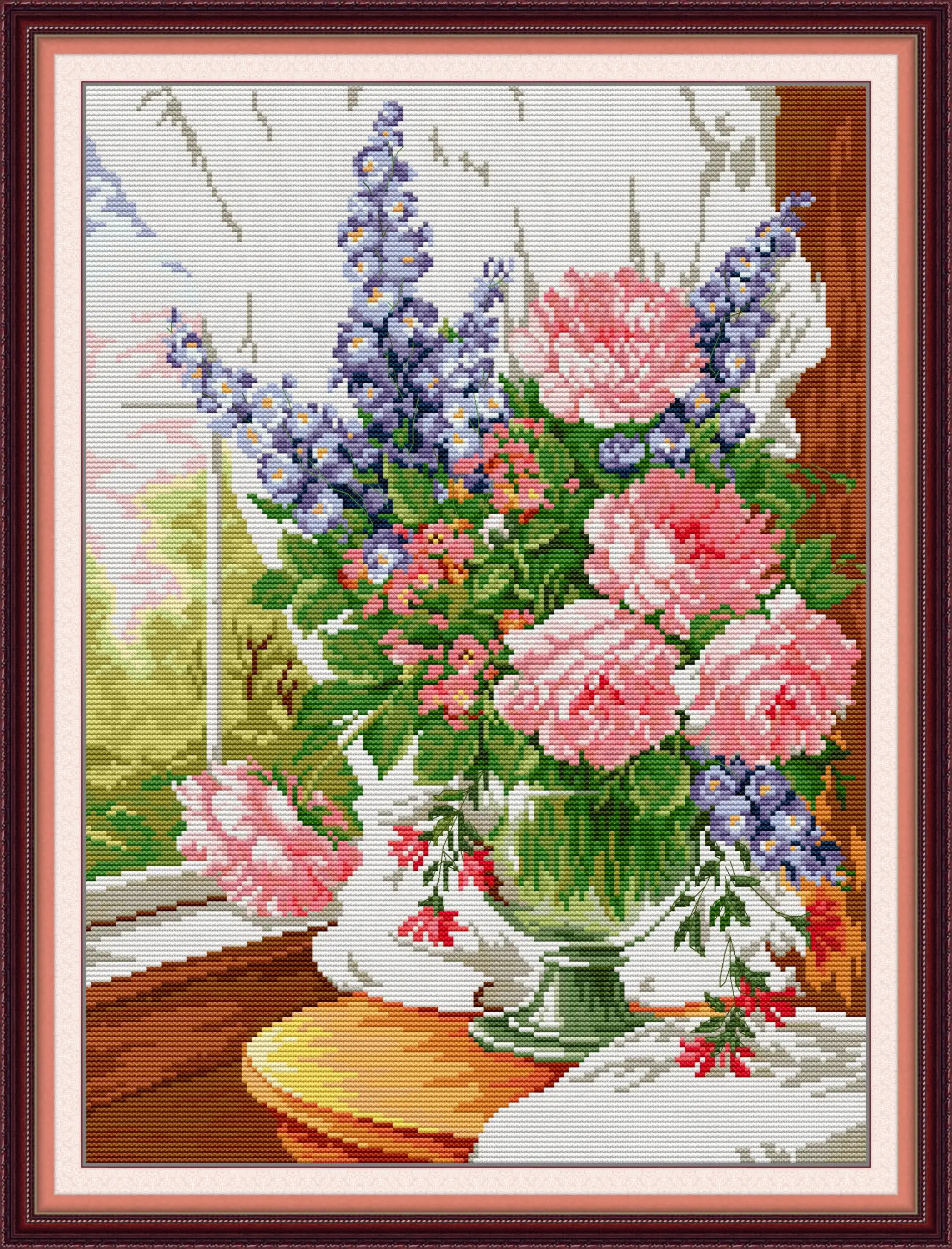 

Joy Sunday Pre-printed Cross Stitch Kit Aida Stamped Fabric Embroidery Set-Flowers on The Windowsill