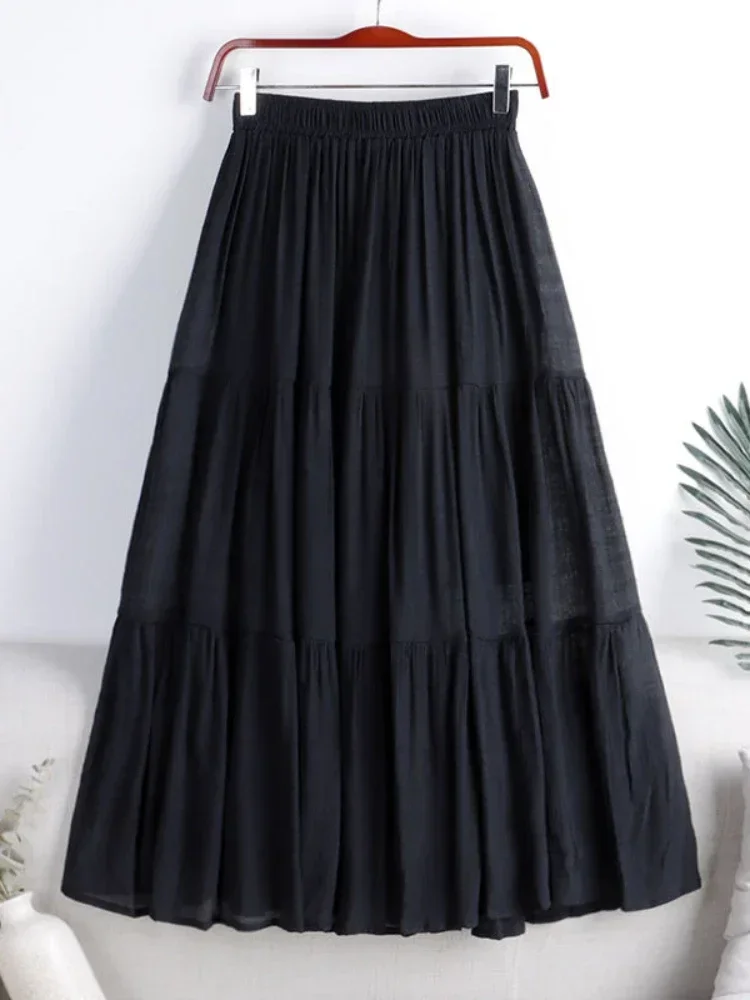 Хлопково-льняные повседневные длинные юбки трапециевидной формы с эластичной