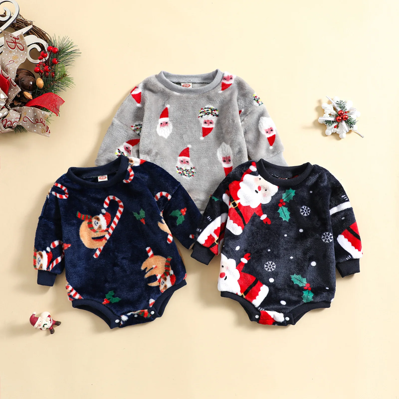 

2023 Christmas Baby Boys Rompers Long Sleeve Fleece Plus Velvet Santa Claus Printed Infant Boys Onesies Toddler Boys Outfits