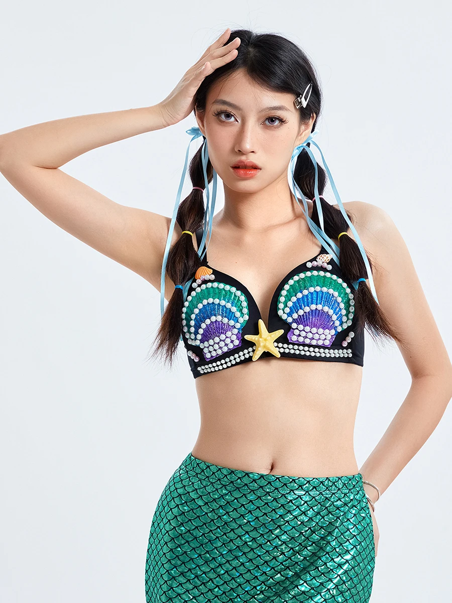 

Achlibe женский бюстгальтер с жемчужными ракушками без косточек, Женская майка, кроп-топы для Rave пляжное бельё, праздничная Клубная одежда (черный с