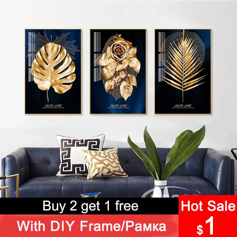 

Golden Blue Leaves Flower Rose Nordic Poster Modern Abstract Canvas Art Print Painting Wall Pictures for Living Room Decoration