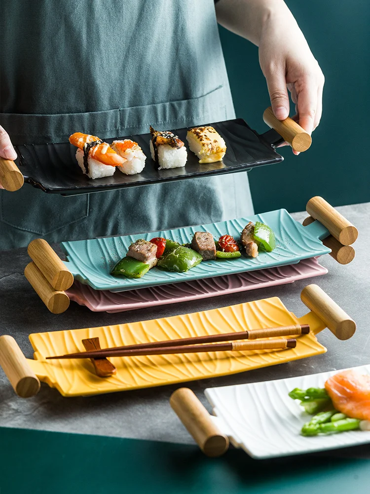

Nordic Ceramic Rectangular Sushi Long Plate Dessert Cake Snack Salmon Roast Meat Chicken Wings Plate With Handle Dinnerware