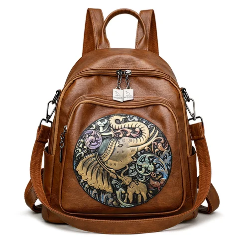 Винтажный женский рюкзак, модная сумка на плечо, мягкая кожа, большая вместительная дорожная сумка с вышитым животным принтом