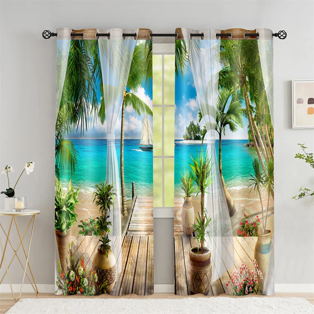 

Beach Palm Tree Shade Curtains Living Room Bedroom Home Decoration Beach Scenery Background Thin Curtains