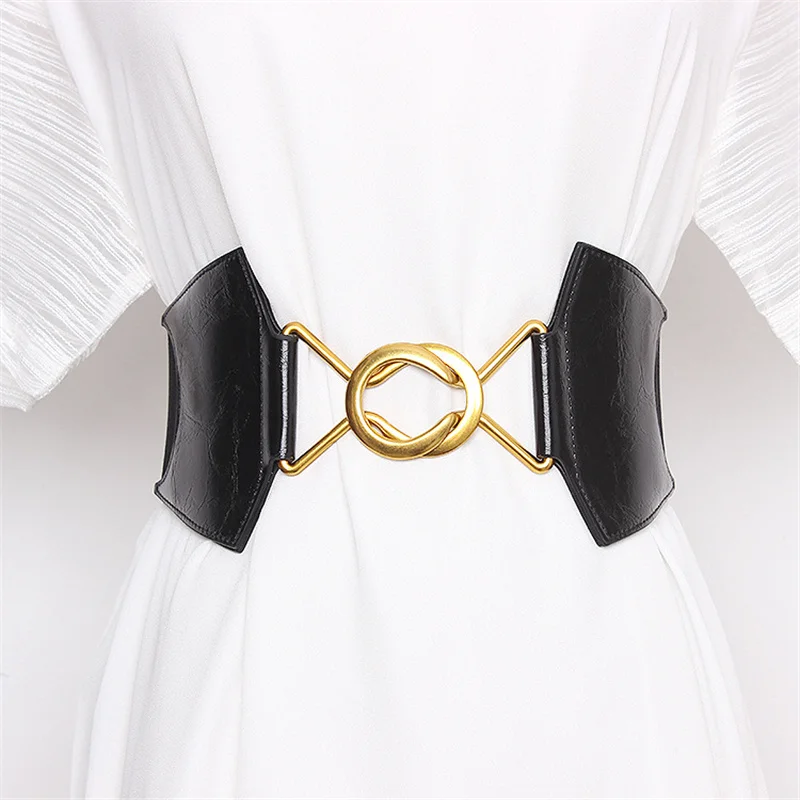 

Women's belt wide belt dress waist closing fashionable versatile elastic double loop buckle brown waist seal pu leather