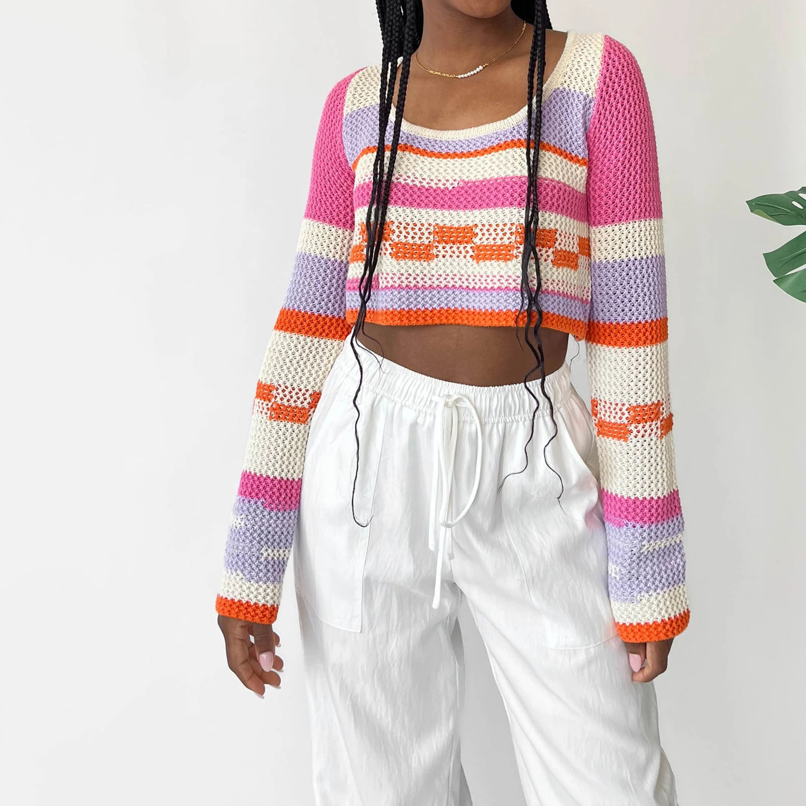 

Women’s Fashion Knit Crop Tops Basic Long Sleeve Scoop Neck Stripes Print T-Shirts Cropped Sweaters Streetwear