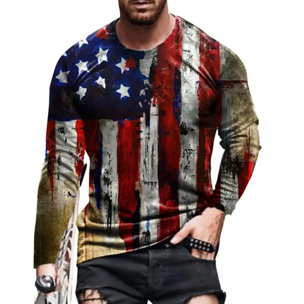 

Fashion Pullover Top 3D Cutting Lightweight American Flag Print Men T-shirt Shrink-resistant Men T-shirt for Home