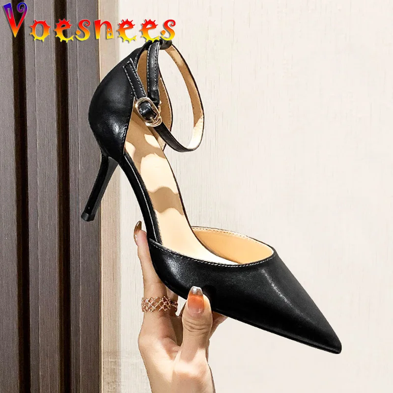 

2022 New Summer Career High Heels Womens Thin Heels Pointed Daily Soft Leather Pumps Ankle Buckle Strap Hollow Single Shoe Woman
