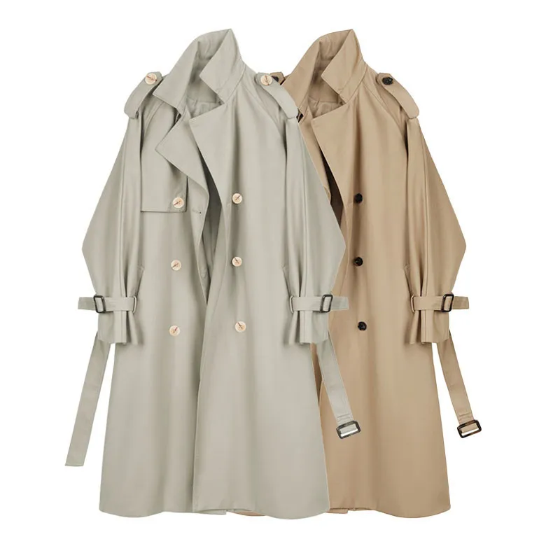 

Элегантная ветровка средней длины цвета хаки, серо-зеленая Женская ветровка в Корейском стиле на шнуровке, весеннее Женское пальто с отворотами, повседневное пальто