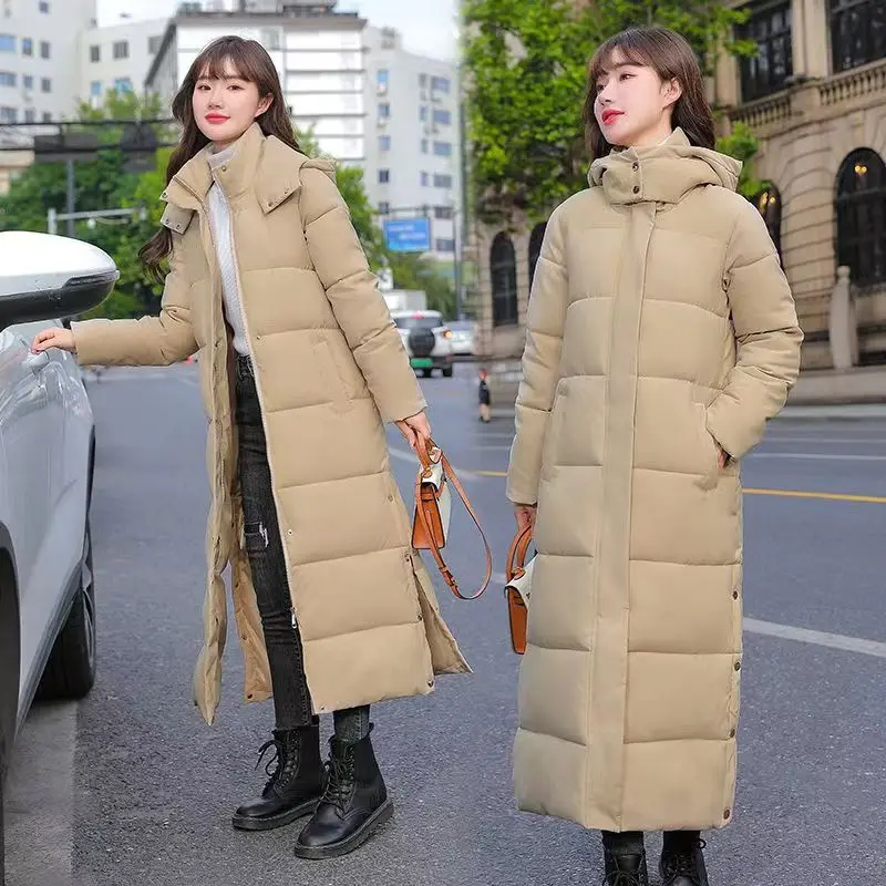Winter 2023 Fashion New Over-the-knee Long Cotton Jacket Long-sleeved Women's Style Korean Slim Down Cotton Hooded Padded Coat