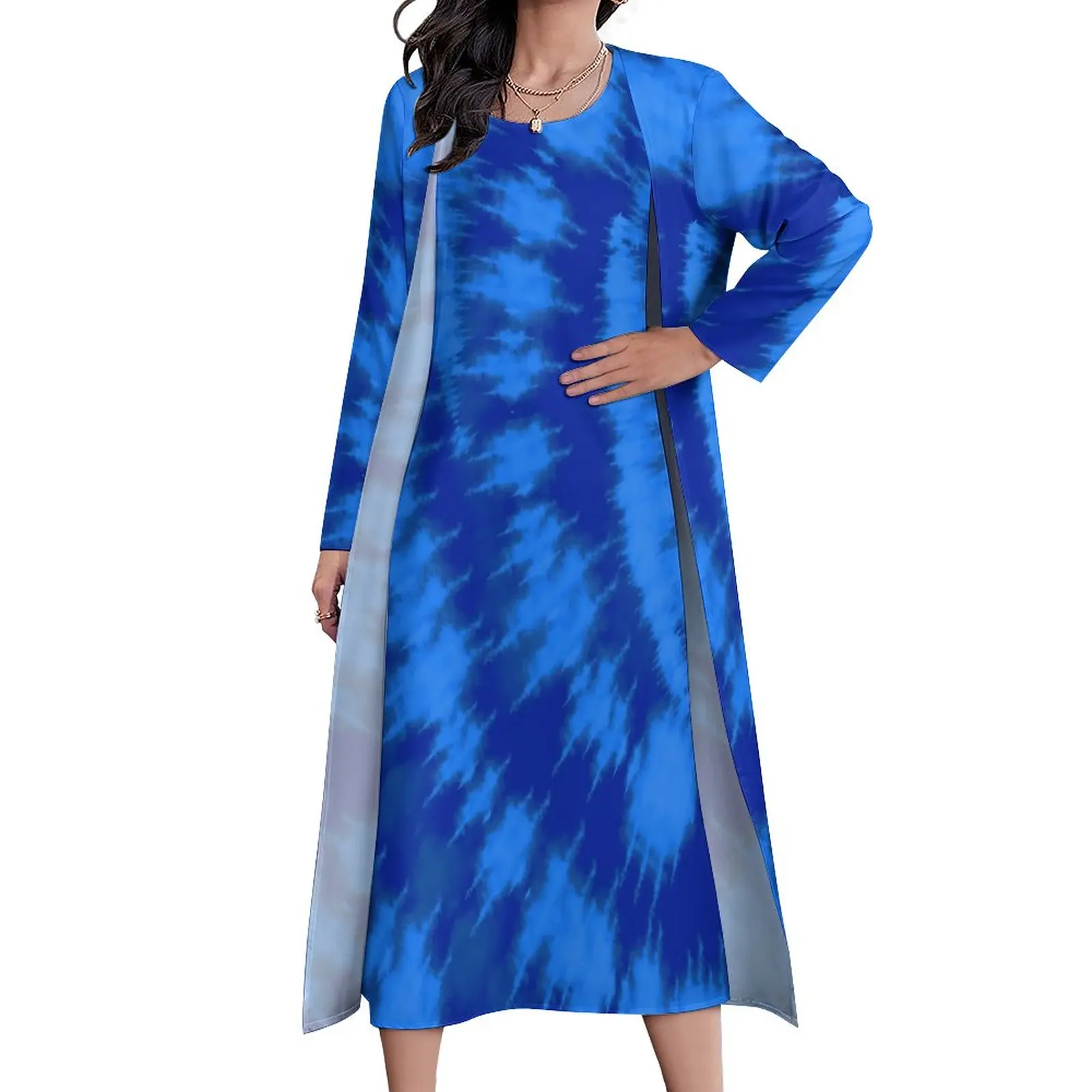 

Платье женское длинное из двух частей, элегантное пляжное платье-макси с винтажным принтом в уличном стиле, богемное, синее, в стиле Tie Dye, на подарок